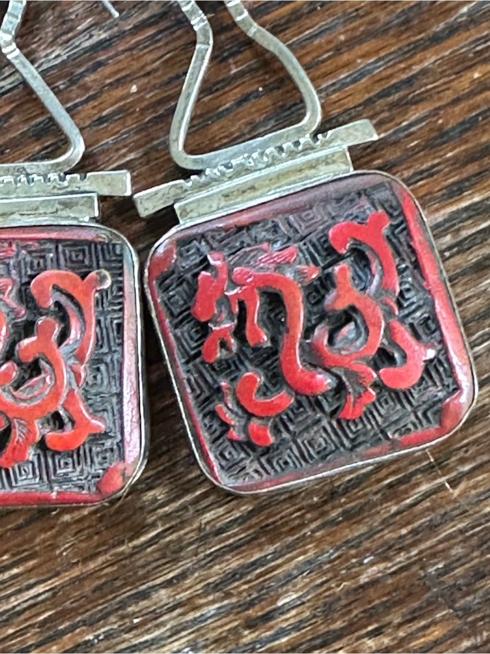 Red Carved Square Drop Earrings with Silver Accents